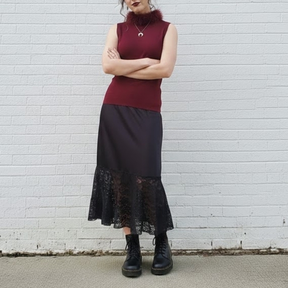 Vintage Black Lace Slip Midi Skirt Lingerie 1990s Size Small Goth Whimsigoth - Picture 2 of 10